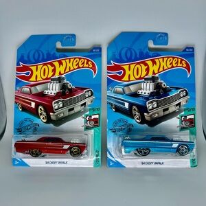 Hot Wheels Chevy Lot of 2x - ‘64 Chevy Impala Blue & Red w/ 5SP Spokes Tooned
